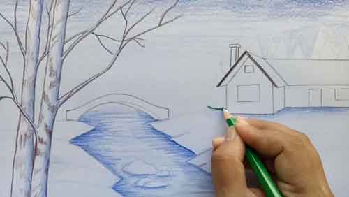 منظره برفی نقاشی زمستان با مداد رنگی