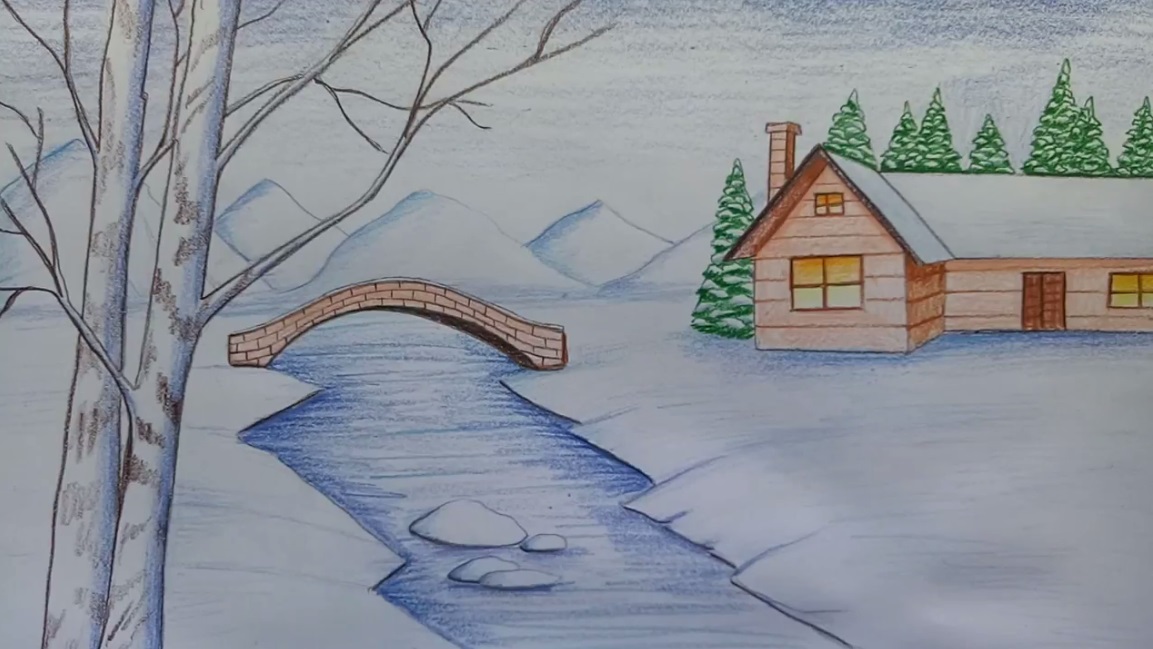 نقاشی منظره برفی با مداد رنگی
