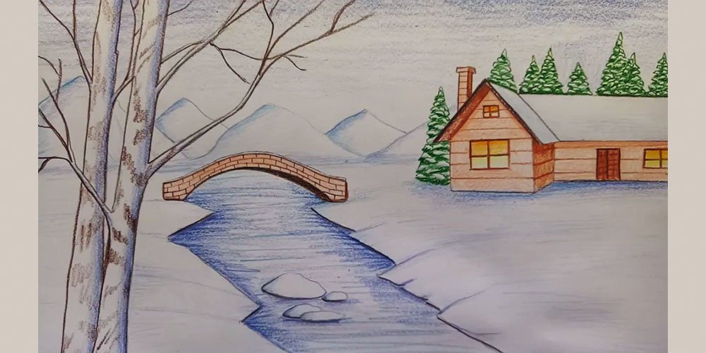 آموزش نقاشی منظره برفی با مداد رنگی