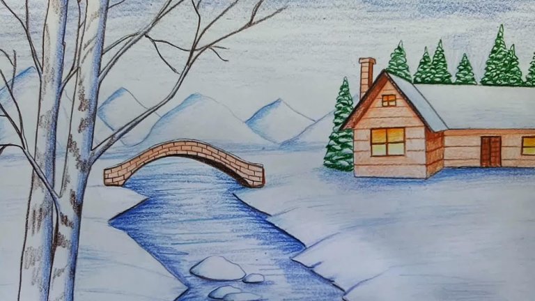 آموزش نقاشی منظره برفی با مداد رنگی