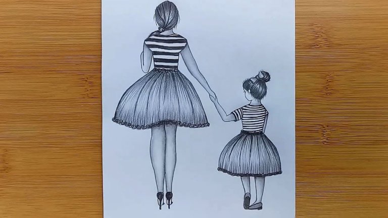 آموزش طراحی گام به گام مادر و دختر با مداد سیاه