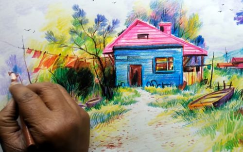 نقاشی خانه ساده با مداد رنگی