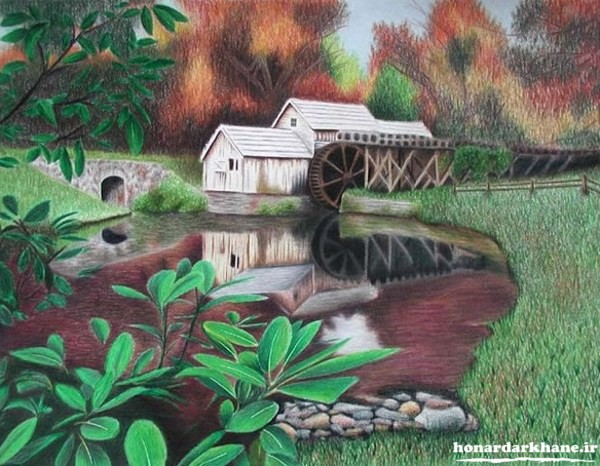 نقاشی خانه در طبیعت با مداد رنگی
