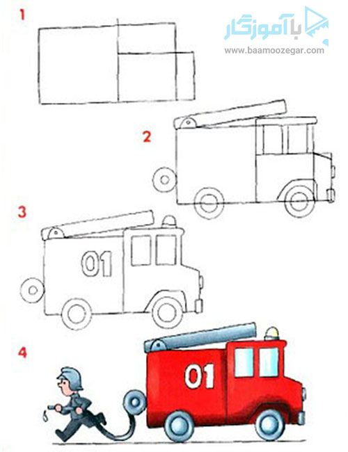 آموزش نقاشی ماشین آتش نشانی برای کودکان
