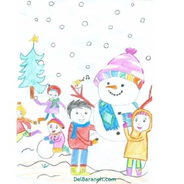 نقاشی کودکانه دختر با لباس زمستانی