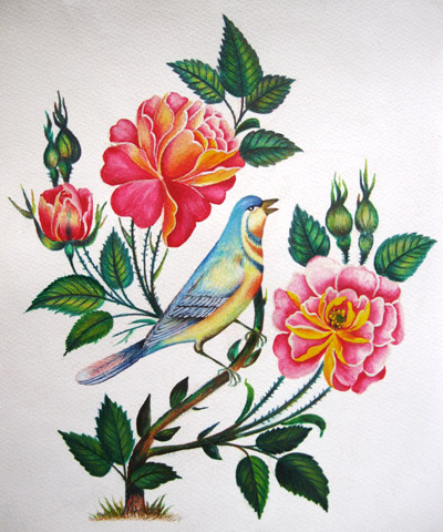 نقاشی مینیاتوری گل و مرغ