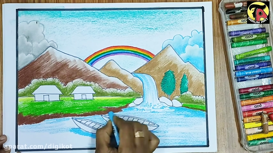 نقاشی منظره کودکانه با مداد رنگی