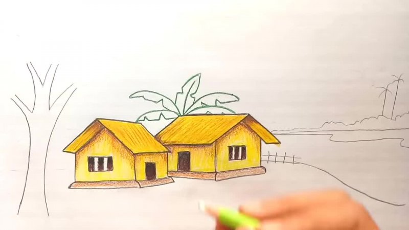 نقاشی منظره ساده با مداد رنگی