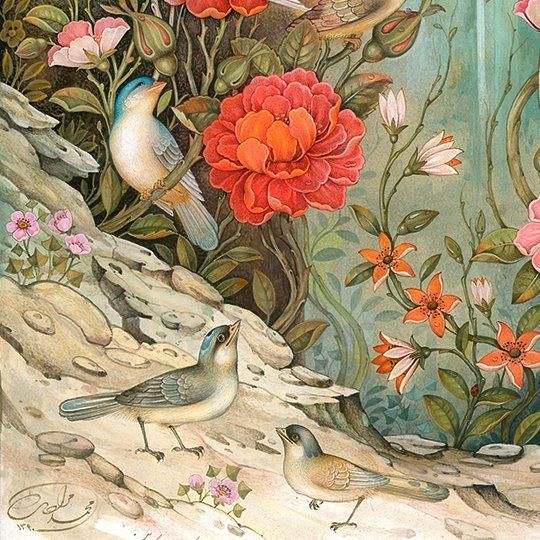 نقاشی مینیاتور گل و مرغ
