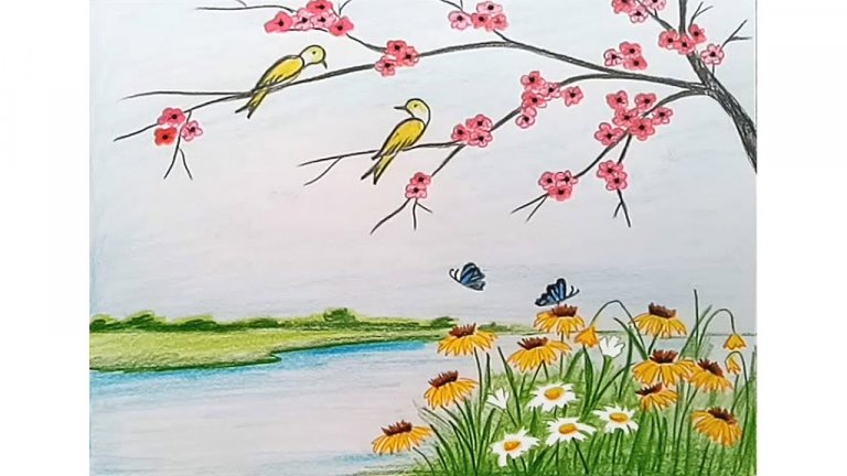 نقاشی منظره بهاری با مداد رنگی