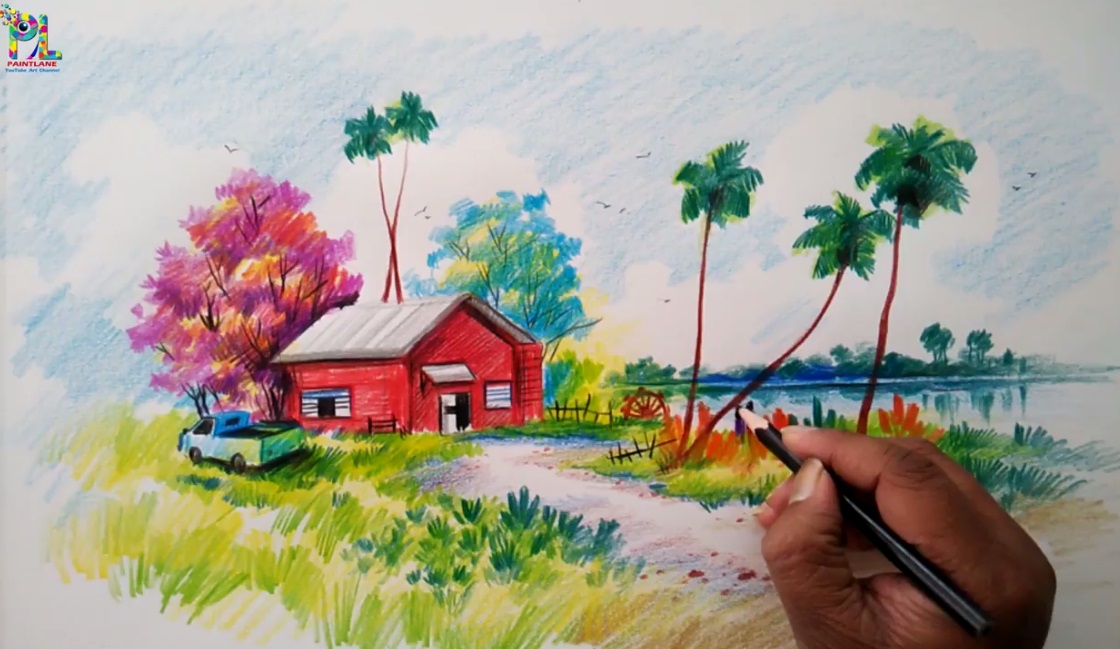 آموزش نقاشی منظره بهاری با مداد رنگی